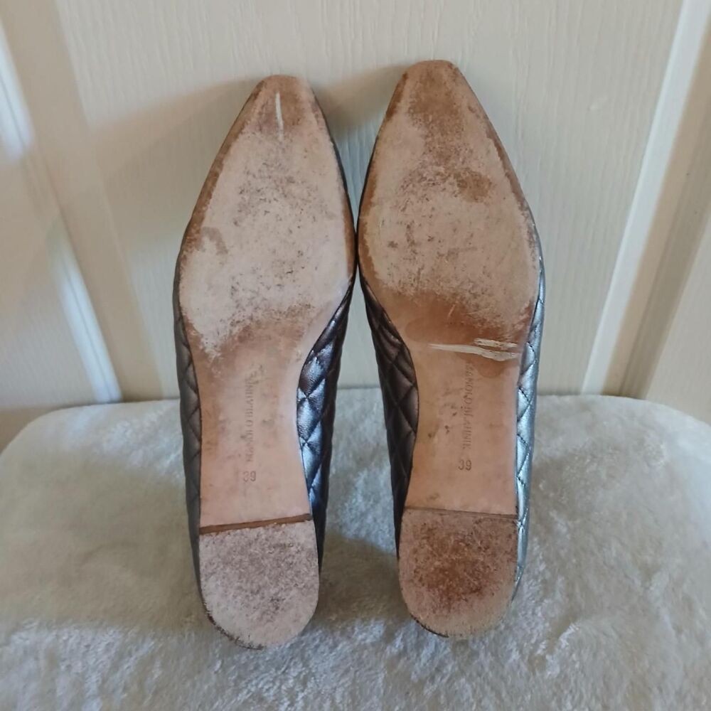 Manolo Blahnik Giungla Silver Quilted Leather Square Toe Ballet Flats 39 Luxury - Picture 7 of 8